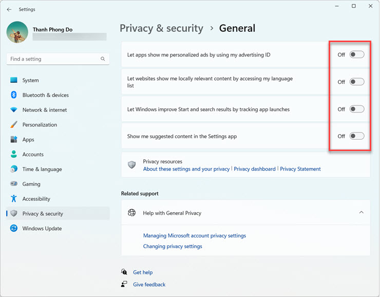 Tắt các tùy chọn tham gia tính năng quảng cáo cá nhân của Microsoft.