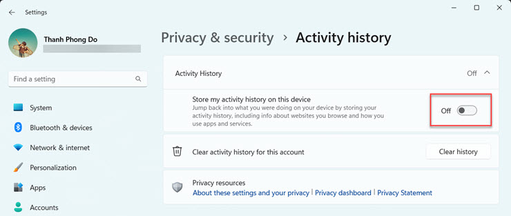 Tắt lịch sử hoạt động trên máy tính Windows 11.