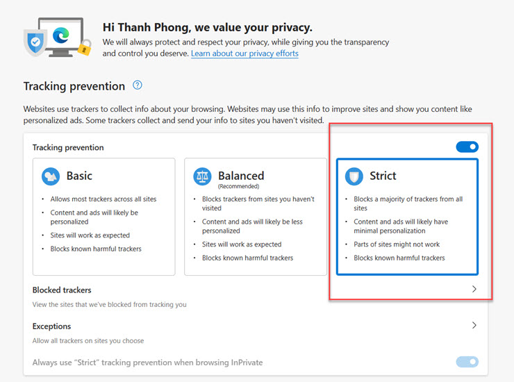 Bật chế độ chặn theo dõi mạnh nhất của trình duyệt Edge.