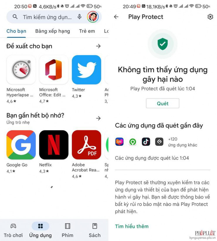 Bật Play Protect trên Google Play. Ảnh: TIỂU MINH