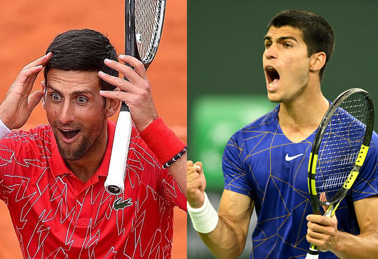 Djokovic (áo đỏ) không thi đấu vẫn nới rộng được khoảng cách điểm với Alcaraz (phải)