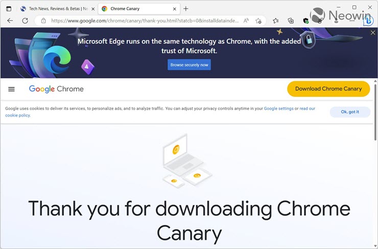 Microsoft cố tình chèn quảng cáo khi người dùng truy cập trang web tải Chrome.