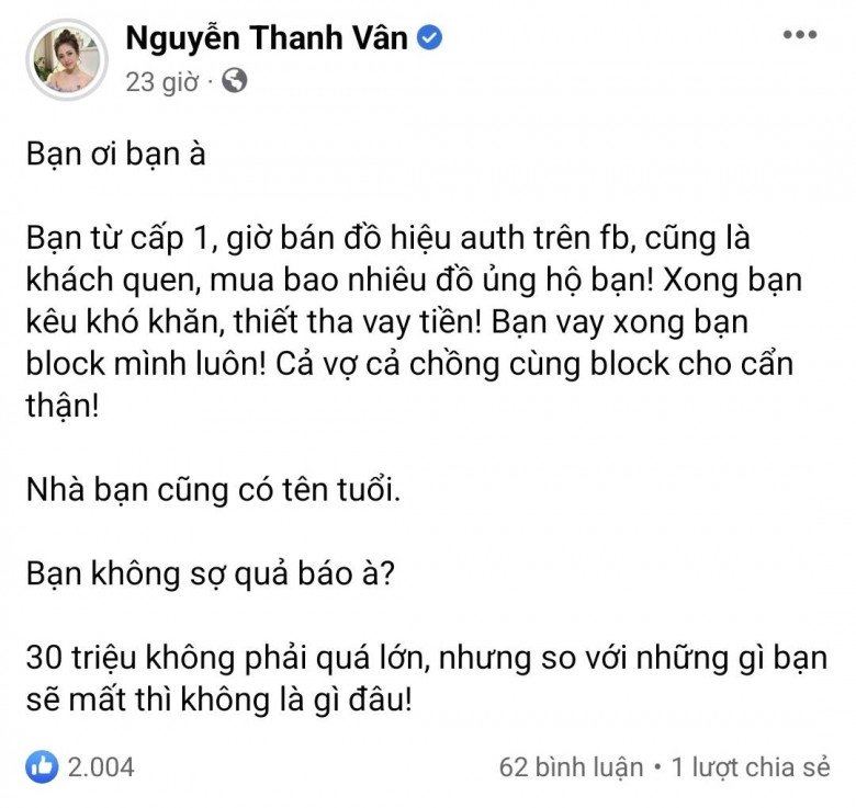 Vân Hugo lên tiếng vì bị bạn thân quỵt tiền.