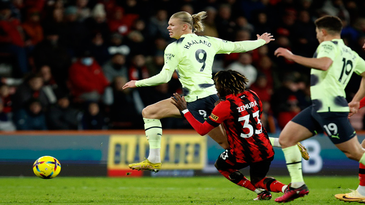 Tân binh Erling Haaland "xé lưới" Bournemouth giúp Man City đại thắng 4-1 ở vòng 25 giải Ngoại hạng Anh