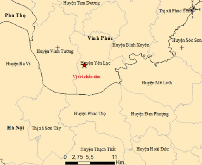 Động đất mạnh 3.2 độ richter xảy ra tại huyện Yên Lạc (Vĩnh Phúc). Ảnh Viện Vật lý địa cầu