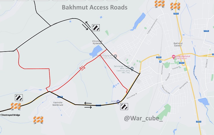 Các tuyến đường còn lại mà quân đội Ukraine sử dụng để tiếp tế cho Bakhmut.
