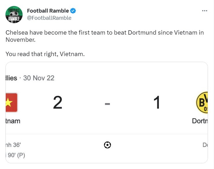 Trang Football Ramble thống kê thú vị về ĐT Việt Nam sau trận thắng của Chelsea trước Dortmund