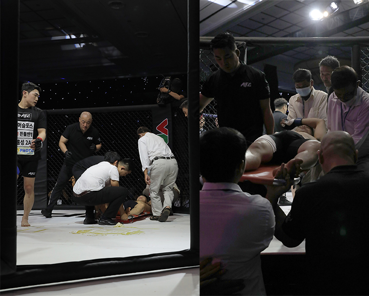 Hoàng Nam Thắng rời sàn bằng cáng cứu thương vì chấn thương bất ngờ chỉ sau chưa đầy 1 phút thi đấu