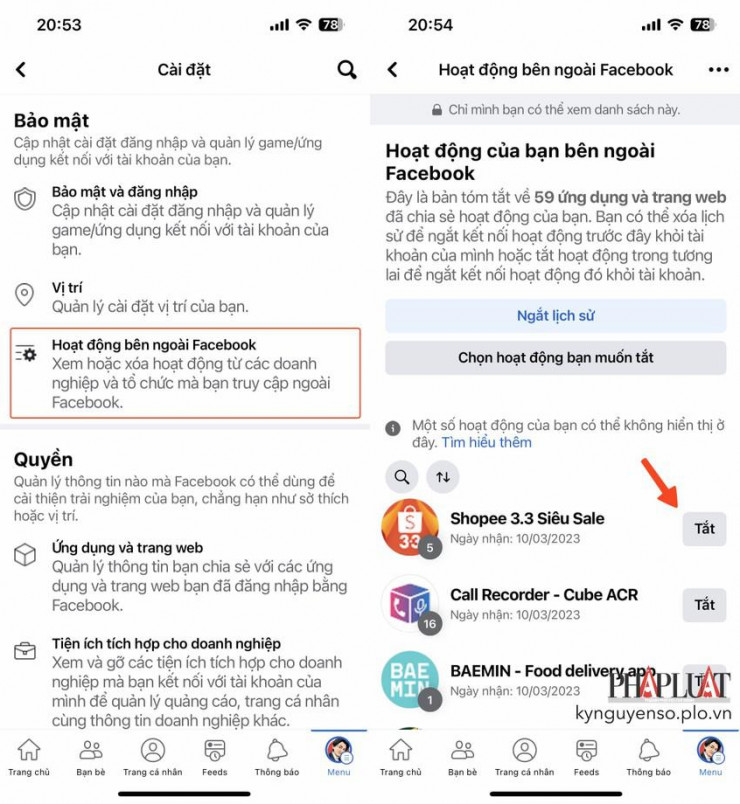 Tắt các ứng dụng chia sẻ dữ liệu với Facebook. Ảnh: MINH HOÀNG