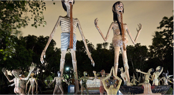Vườn địa ngục Wang Saen Suk - Thái Lan: Ẩn mình dưới một con đường cây cối um tùm là bảo tàng gây tò mò được nhiều người gọi là 'Công viên kinh dị địa ngục Thái Lan'. Đó là một khu vườn mô tả các hình ảnh rất đáng sợ như ở dưới địa ngục.
