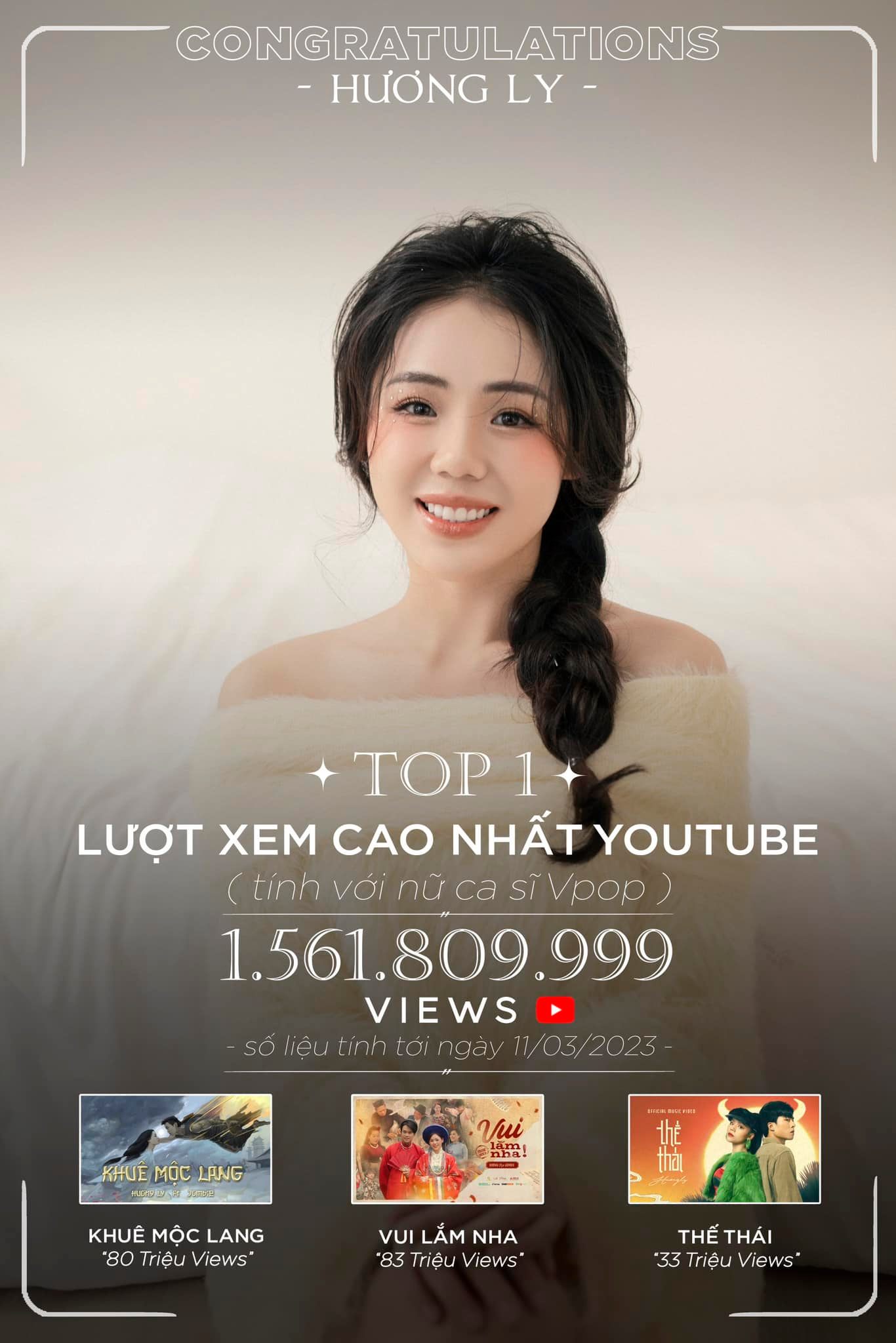 Hương Ly trở thành giọng ca có lượt view YouTube cao nhất Việt Nam