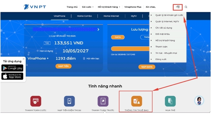 Chức năng tra cứu thông tin thuê bao trên website của VNPT -&nbsp;VinaPhone.