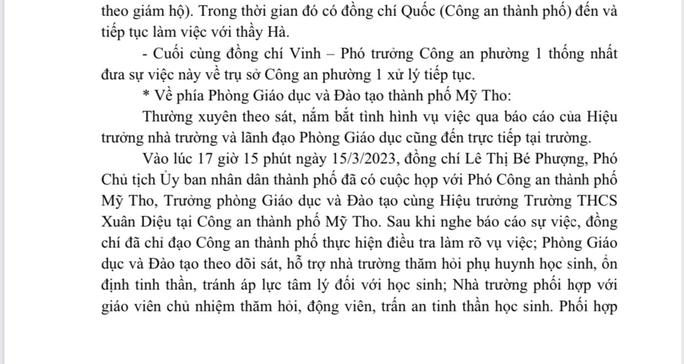 Một phần báo cáo của Phòng Giáo dục và Đào tạo TP Mỹ Tho về nội dung vụ việc