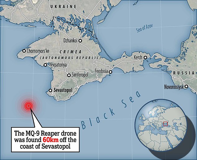 Chiếc MQ-9 Reaper được cho là rơi ở khu vực cách thành phố Sevastopol, Crimea khoảng 60km.