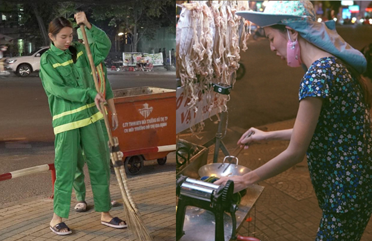 Cô cũng “gây sốt” cộng đồng mạng khi lần lượt hóa thân thành nhân viên quét rác, cô bán hoa ven đường... để trải nghiệm 1 ngày làm việc của người lao động.
