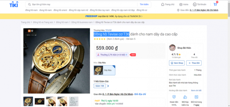 Đồng hồ Tevise T36 có giá 559.000đ rao bán&nbsp;