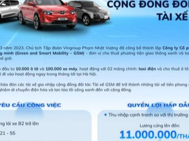 Công ty taxi điện của ông Phạm Nhật Vượng ồ ạt tuyển tài xế