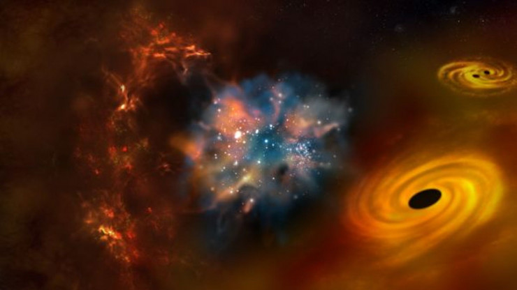 Ảnh đồ họa về vũ trụ sơ khai hoang dã với siêu tân tinh khổng lồ, các lỗ đen quái vật phát sáng... - Ảnh: ESA