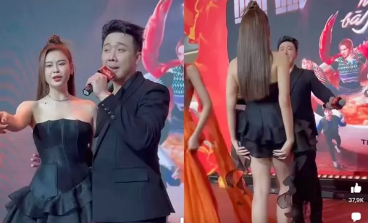 Tham gia một sự kiện giải trí, Trương Quỳnh Anh khéo dùng tay che tà váy để tránh tình huống nhạy cảm trước ống kính máy quay. 
