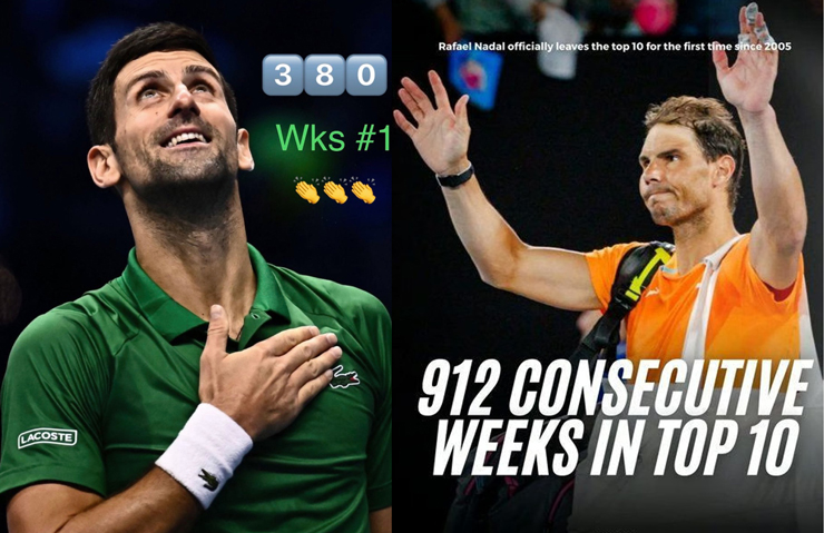 Một số khán giả cho rằng kỷ lục 912 top 10 của Nadal (áo cam) ấn tượng hơn 380 tuần giữ số 1 của Djokovic (áo xanh)