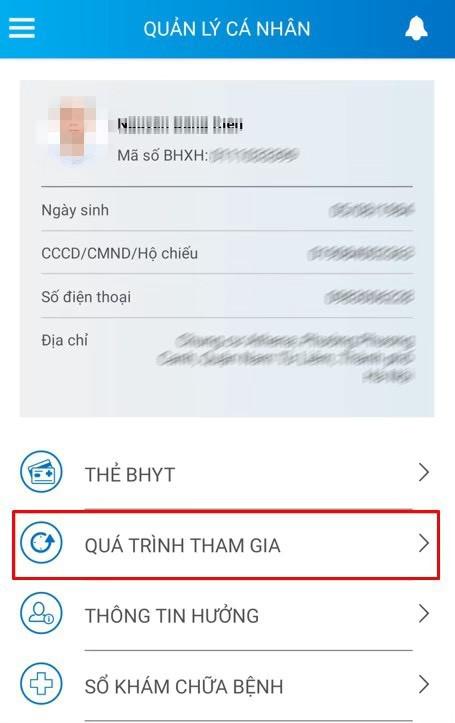 Bước 2. Tại màn hình QUÁ TRÌNH THAM GIA, chọn "BHXH" để xem tổng thời gian tham gia và tổng thời gian chưa đóng BHXH.