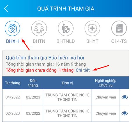 Bước 3. Chọn "Chi tiết" tại dòng "Tổng thời gian chưa đóng" để xem chi tiết thông tin đơn vị và thời gian chưa đóng BHXH tại cơ quan BHXH đang quản lý.