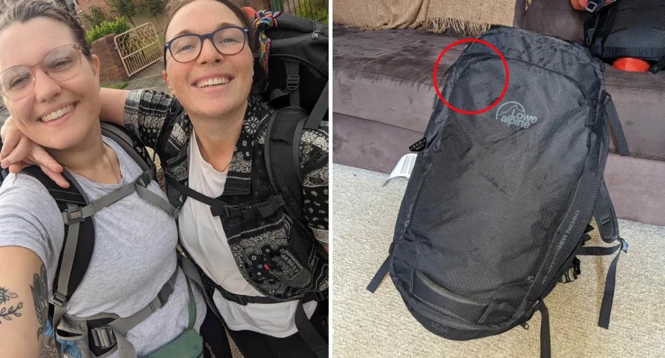 Emily Sinclair (bên trái) cùng bạn phát hiện âm thanh lạ trong túi đồ khi tới du lịch ở đảo Bali, Indonesia. Ảnh: Supplied
