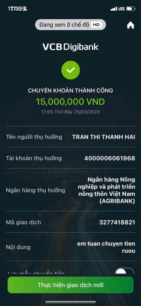 Hình ảnh chuyển khoản được đối tượng lừa đảo gửi đến bà H.