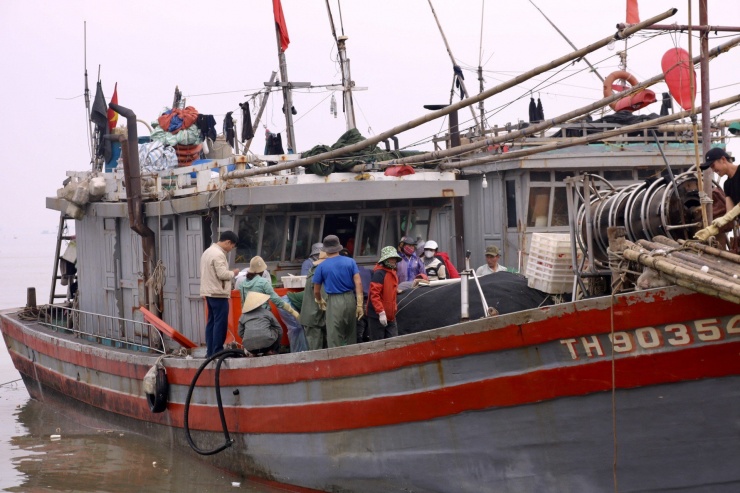 Sau hơn 10 ngày ra khơi, chiếc tàu cá này vừa cập bến Lạch Trường vào sáng sớm nay. Chủ tàu cá cho biết: "Đợt này tàu nhà tôi đánh được khoảng 5 tấn cá bạc má, ước tính thu về khoảng 200 triệu đồng."