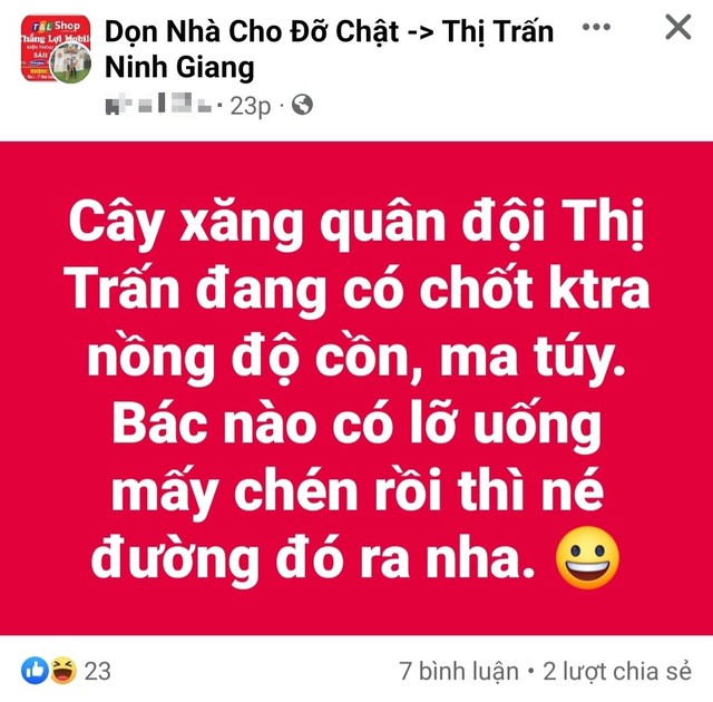 Nữ công nhân đăng tải thông tin báo chốt CSGT kiểm tra nồng độ cồn lên mạng xã hội.