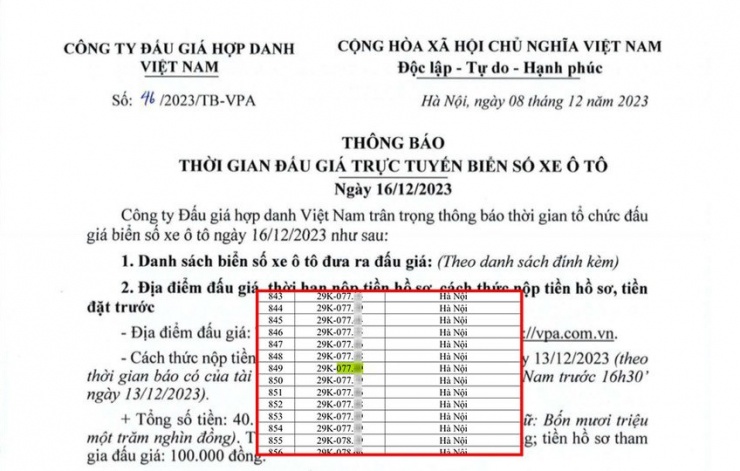 Biển số xe mà anh CXM bấm được nằm trong danh sách đấu giá hồi tháng 12-2023, được VPA thông báo công khai trên trang chủ. Ảnh XUÂN NGUYỄN