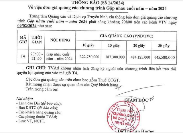 &nbsp;Bảng giá quảng cáo Táo quân 2024. Ảnh:&nbsp;TVAd