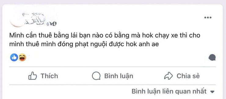 Một trong những bài đăng về dịch vụ thuê bằng lái trên MXH.