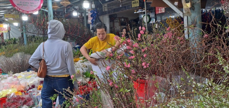 Đào, tuyết mai bán chạy nhờ trend (xu hướng) cắm hoa trên mạng xã hội. Ảnh: THU HÀ