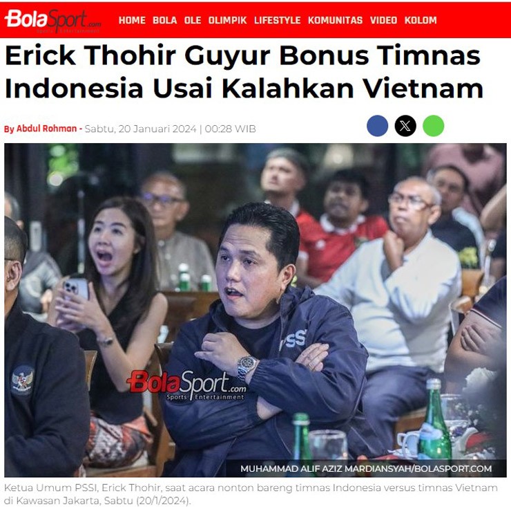 Tờ Bola Sport dẫn lời chủ tịch Thohir, mơ Indonesia gây sốc trước Nhật Bản