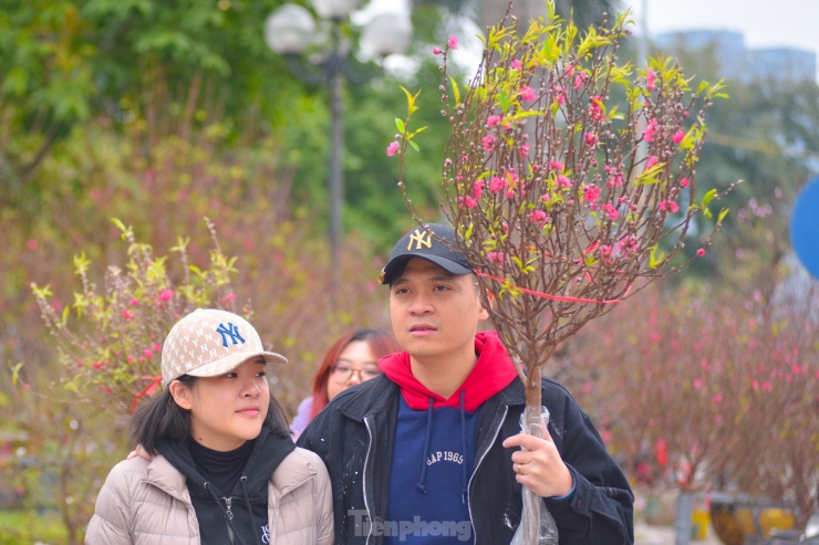 Anh Lê Hữu Vinh chọn mua một cành đào về chơi sớm. "Năm nay kinh tế cũng khó khăn nên tôi chỉ mua cánh đào nhỏ", anh Vinh cho biết.