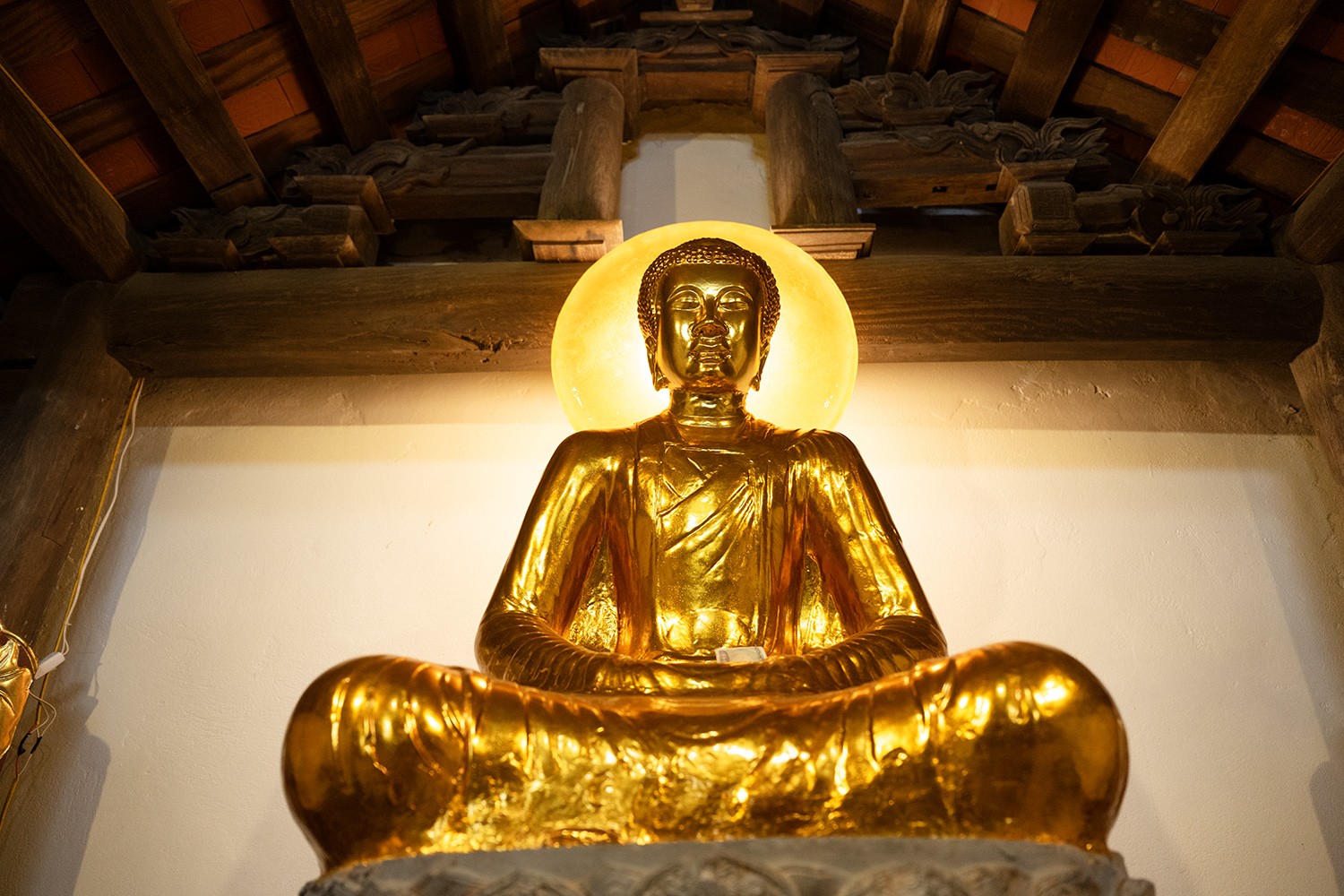 Phần tượng Phật cao 92 cm, rộng 72 cm, đường kính bệ sen 76 cm; được tạc bằng đá nguyên khối, sơn thếp vàng, ngồi trong tư thế thiền định, hai đầu gối khuỳnh rộng, thế ngồi hơi dướn mình ra phía trước.
