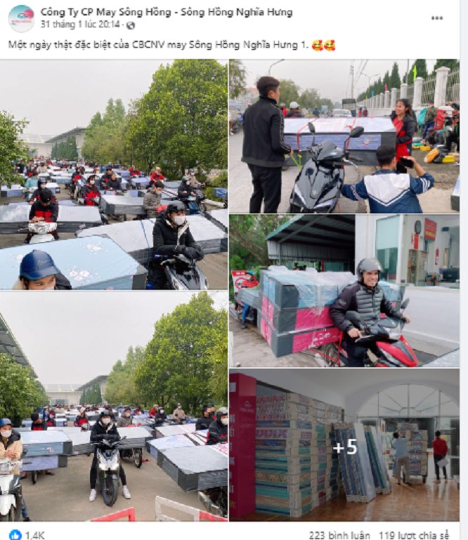 Fanpage của Công ty CP May Sông Hồng - Sông Hồng Nghĩa Hưng đăng tải hình ảnh hàng trăm công nhân công ty chở đệm bông về nhà. Ảnh chụp màn hình.