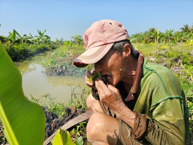 Ông Võ Văn Vĩnh tranh thủ nướng ốc ăn đỡ đói. ẢNH: HÒA HỘI