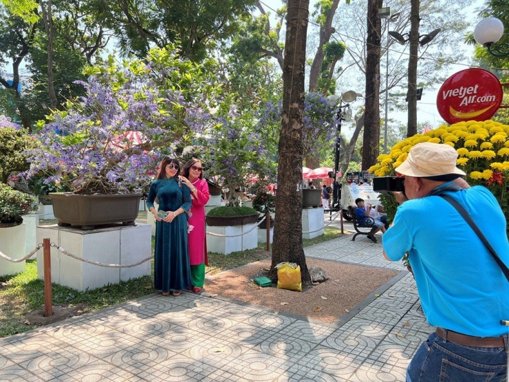 Du khách diện áo dài check-in bên những chậu mai xanh quý hiếm.