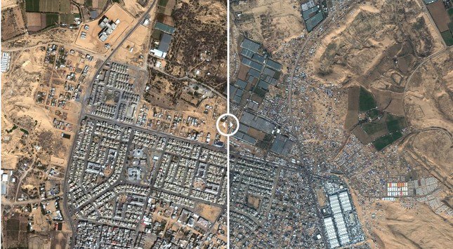 Hình ảnh vệ tinh chụp các lều tạm ở thành phố Rafah ngày 26/10/2023 (trái) và 3/2/2024. Ảnh: Maxar.