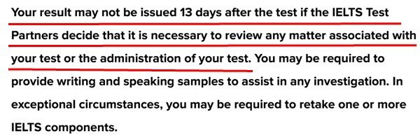 Trên trang ielts.idp.com khẳng định kết quả thi IELTS của một số thí sinh có thể chưa được trả sau 13 ngày như bình thường. (Ảnh chụp màn hình).