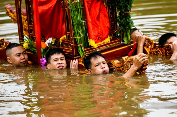 Dù có ngập cả người dưới nước, đoàn phù giá vẫn tiến về phía trước, trên vai giữ chắc kiệu.