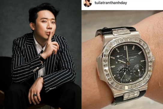 Trấn Thành sở hữu chiếc đồng hồ Nautilus 5724G của thương hiệu xa xỉ - Patek Philippe. Món phụ kiện được làm từ vàng trắng 18K nguyên khối, vành bezel hình bát giác được bo tròn 4 góc. Nổi bật nhất là 44 viên kim cương&nbsp;được nạm lên vành bezel. Giá của cỗ máy thời gian này dao động từ 6 - 9 tỷ đồng.