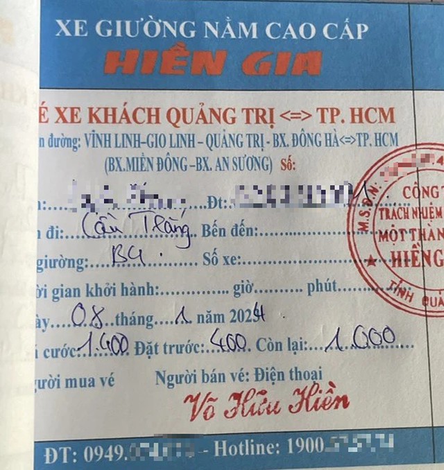 Vé xe nhà xe Hiền Gia phát hành sai so với quy định. Ảnh: NDCC