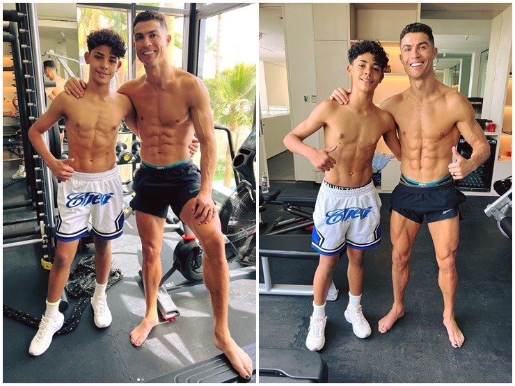 CR7 tự hào khoe body cường tráng bên cậu con trai lớn phổng phao.