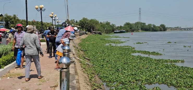 Nhiều người dân hiếu kỳ đến xem thi thể nổi trên sông Vàm Cỏ Tây. Ảnh: HD