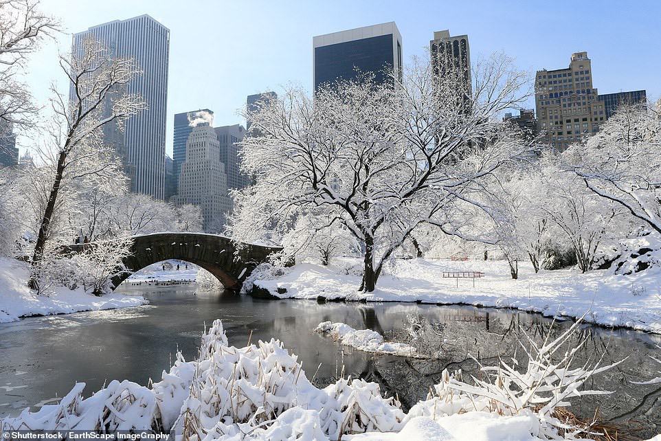 Một công viên phủ đầy tuyết ở New York, Mỹ. Thành phố sẽ chìm trong giá rét từ tháng 12 tới tháng 2, tuyết rơi rất dày.