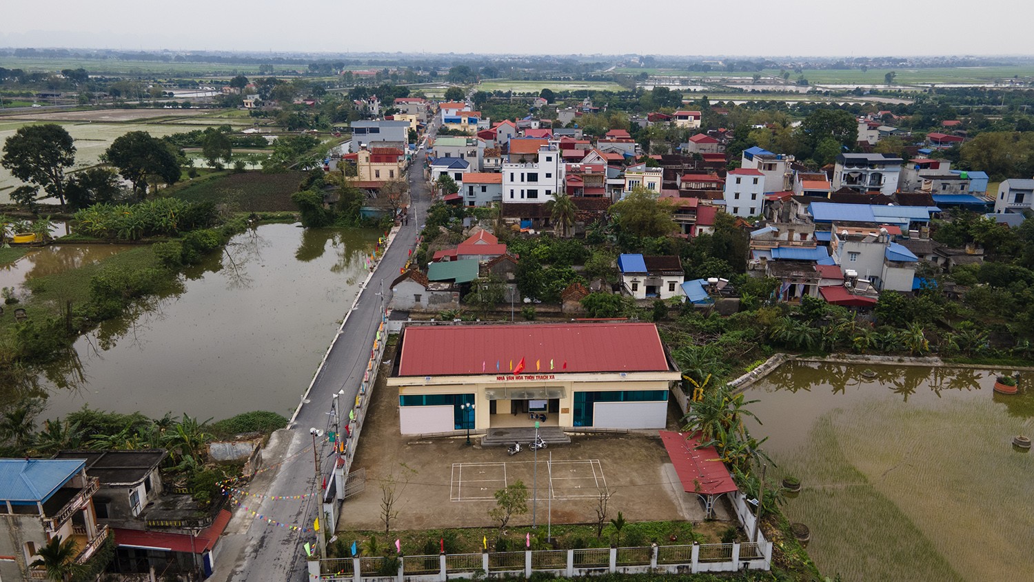 Làng Trạch Xá yên bình, xung quanh được bao bọc bởi những cánh đồng