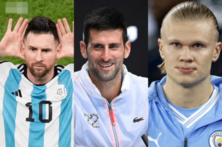 Djokovic (giữa) đối đầu với Messi (trái) và Haaland (phải) ở sự kiện Laureus 2024